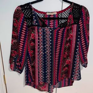 NAVY AND BURGUNDY PATTERNED BLOUSE